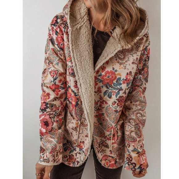 Cozy Floral Print Teddy Lined Pockets jacket Coat - Picture 3 of 9
